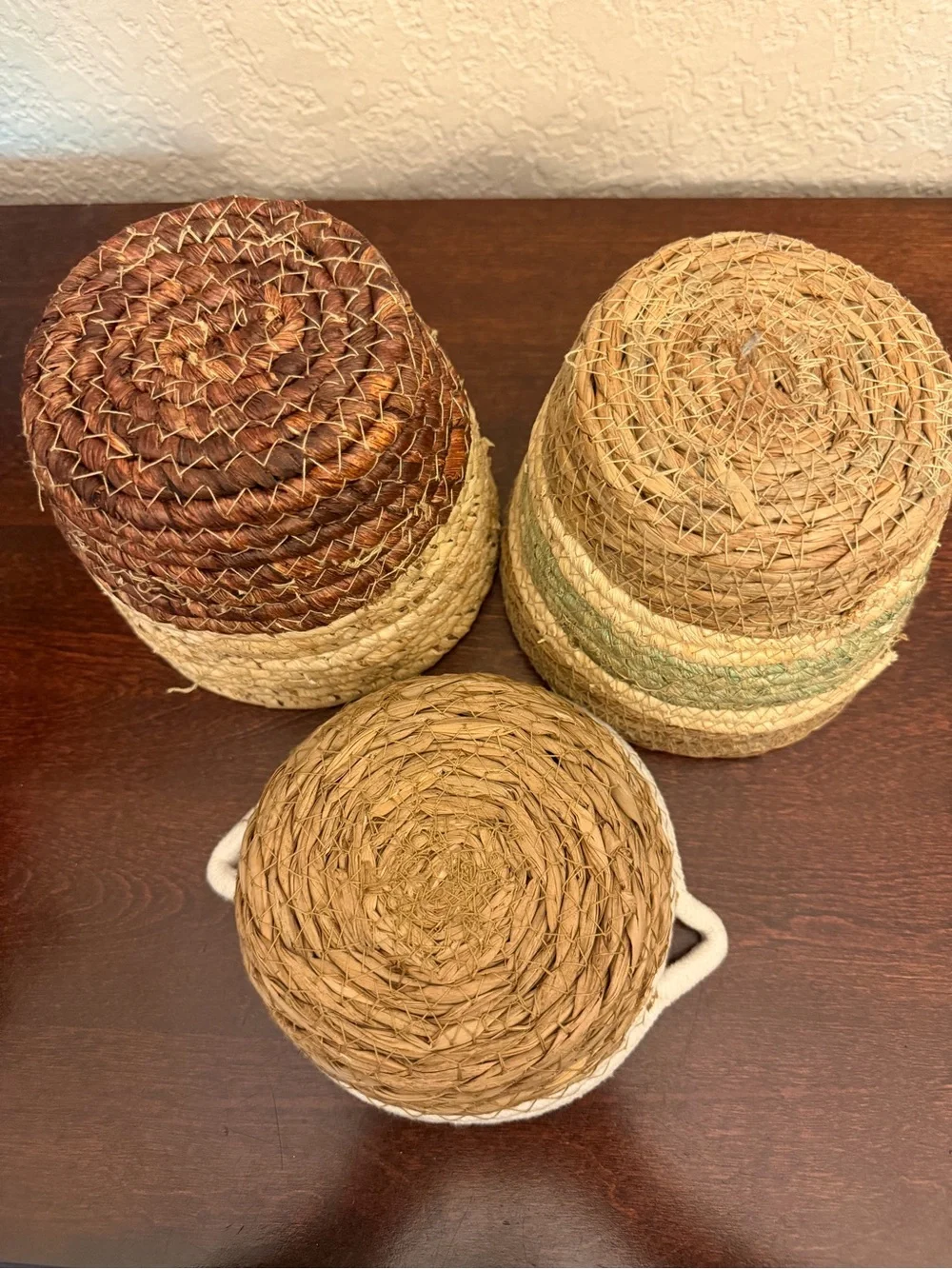 Seagrass Woven Basket Planters Storage Two-Tone Coiled  Design Boho Set Of 3